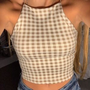 cropped tan and white checkered halter top